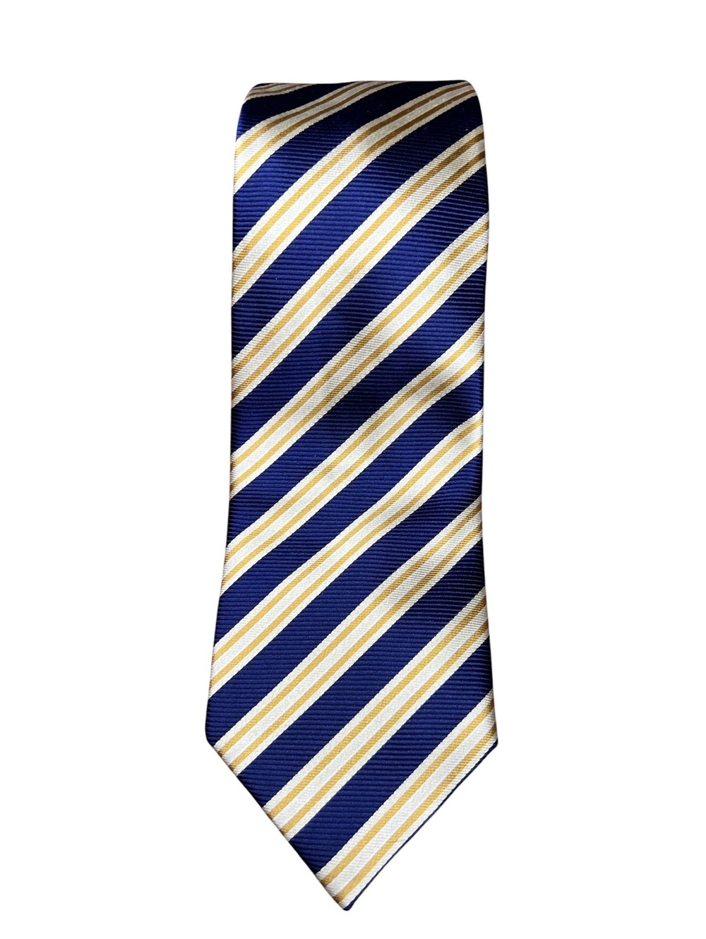 Chaps Mens Necktie Royal Navy Blue Gold White Striped Preppy Prep Silk Tie